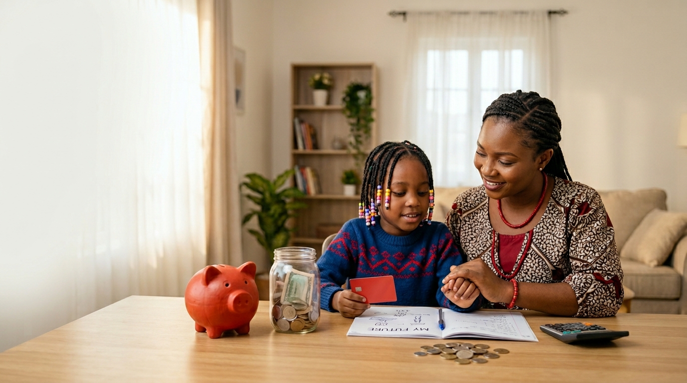 Nigerian mother and child learning about savings with a piggy bank, coins, notebook and debit card at home