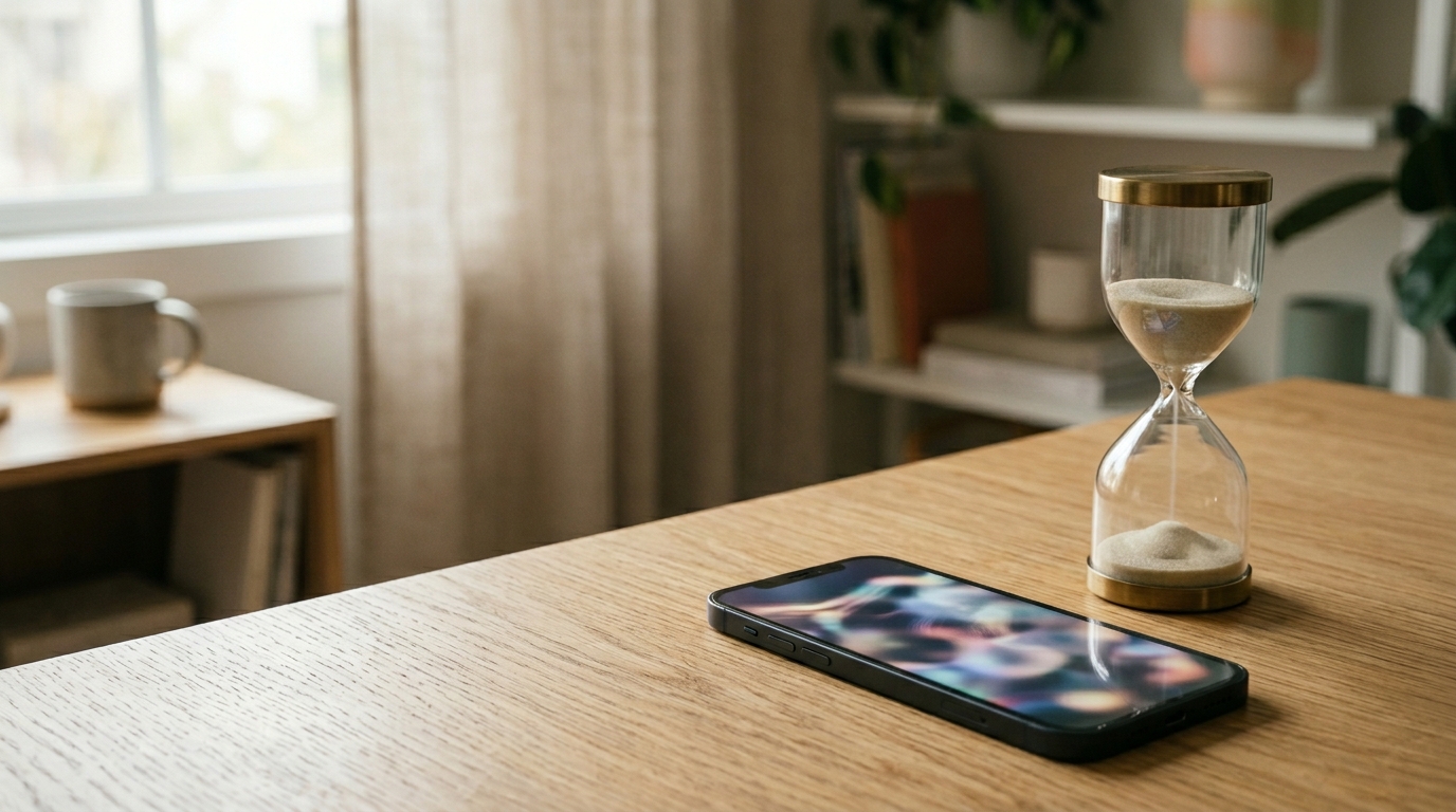 Smartphone on a wooden table beside an hourglass, symbolizing time spent on social media