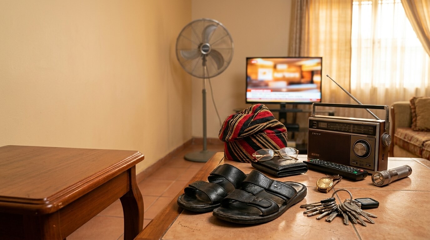 Nigerian father items including flat cap, radio, glasses, sandals, keys and remote arranged in a warm living room