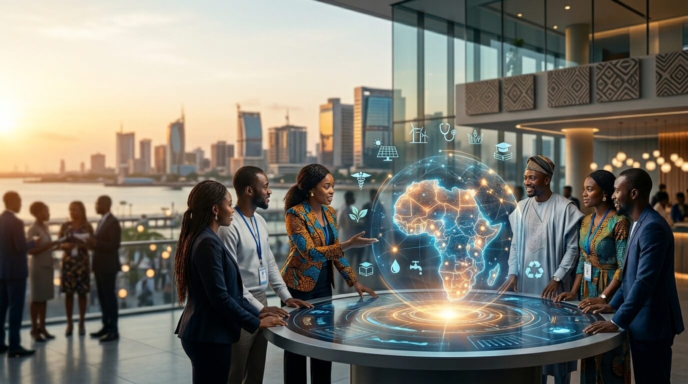 African leaders and innovators gathered around a digital map of Africa at a modern innovation summit in Lagos