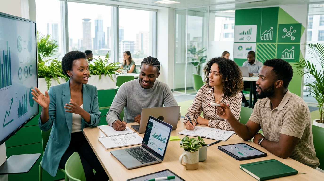 Young professionals learning digital, communication, finance, and problem-solving skills in a modern workspace.