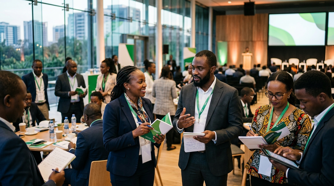 Professionals networking and preparing for a social impact summit in a modern conference venue.