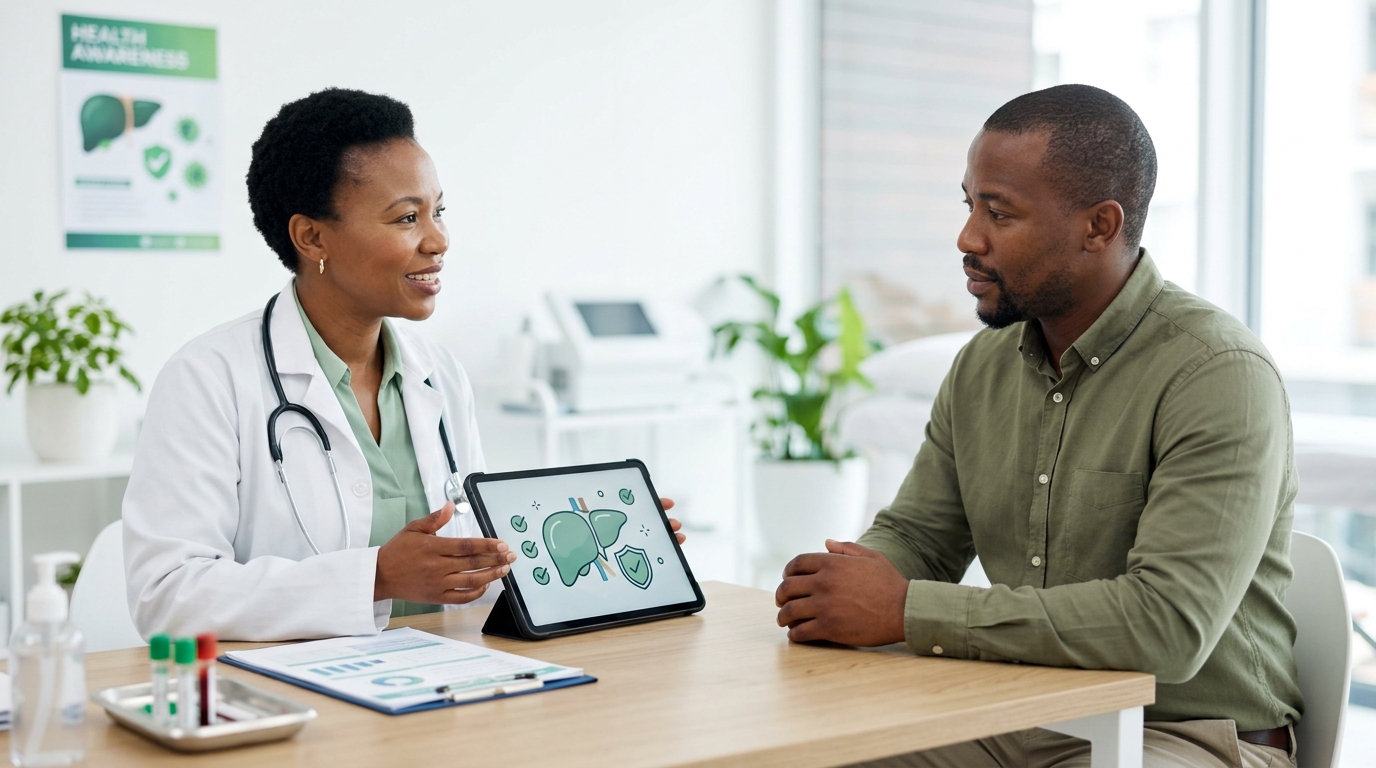 Doctor discussing liver health and hepatitis awareness with a patient during a medical consultation.