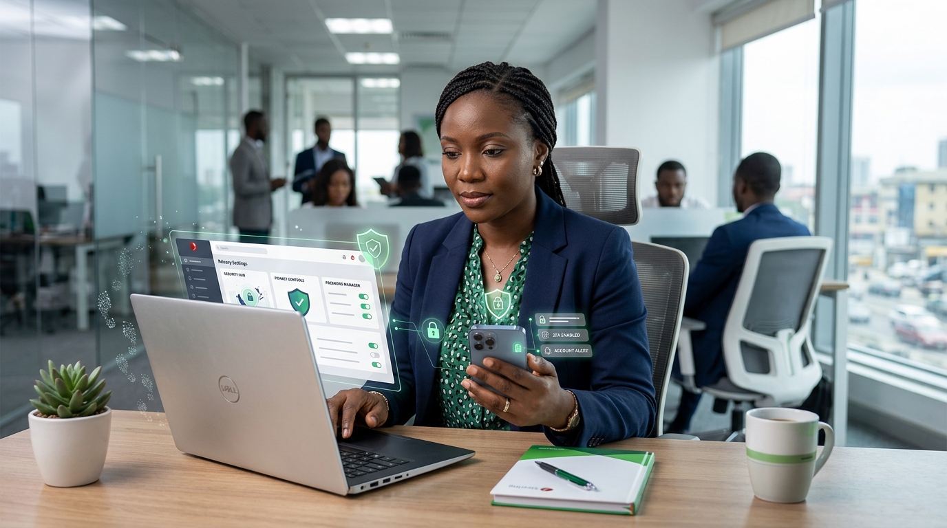 A person reviewing online privacy and security settings across a laptop and phone.