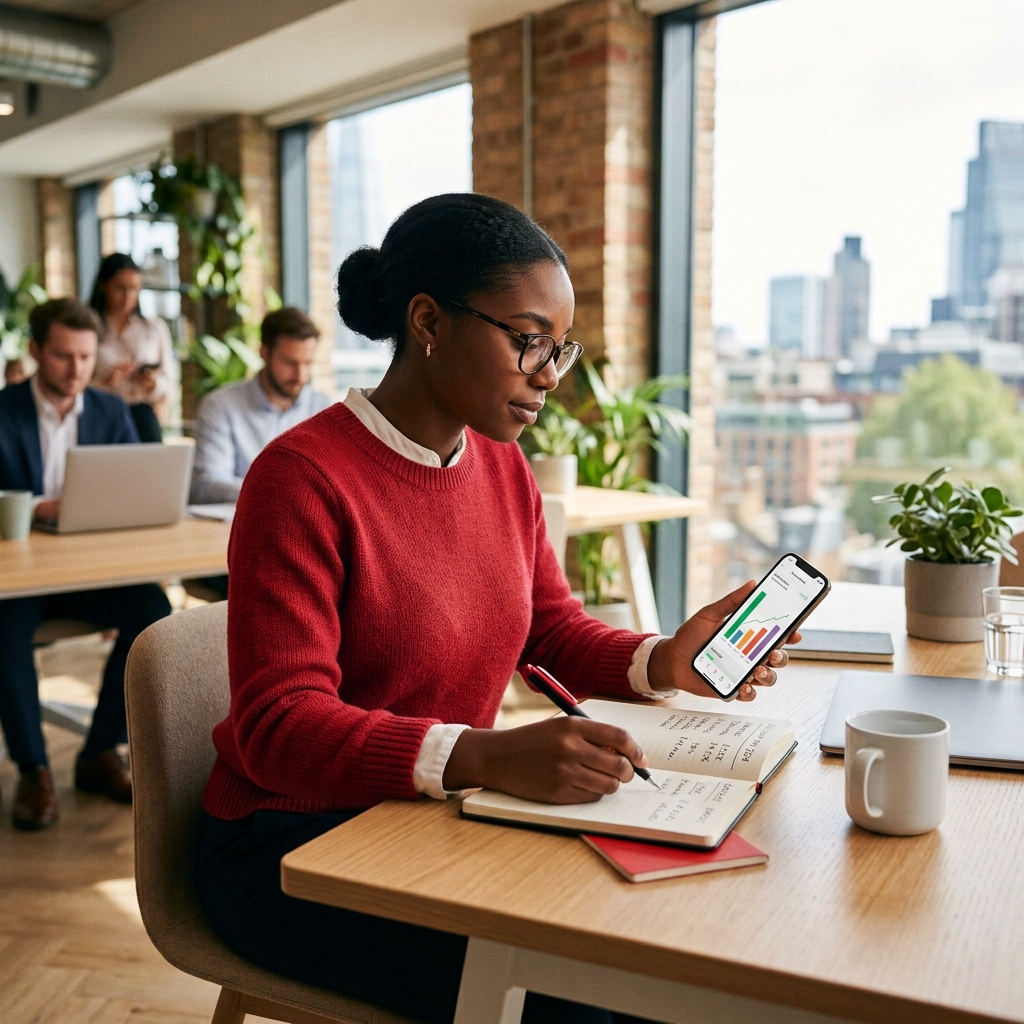 A professional reviewing salary, savings, and expenses on a phone and notebook.