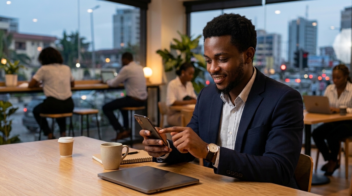 A person using a mobile banking app with secure digital transfer paths and a successful transaction confirmation.