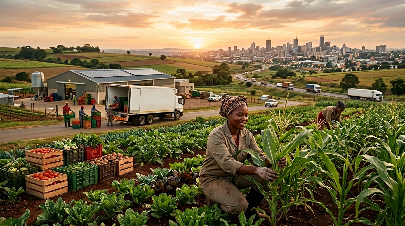 African farmer overlooking crops connected to food processing, transport and regional markets.