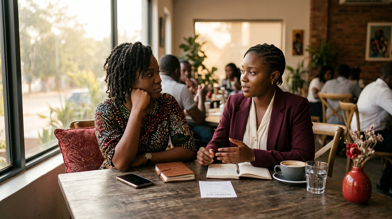 Two Nigerian friends having a calm and honest conversation about money at a café.
