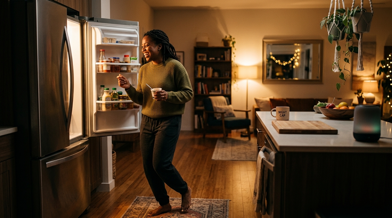 An African American person alone at home near an open fridge, enjoying a quiet private moment while music plays.
