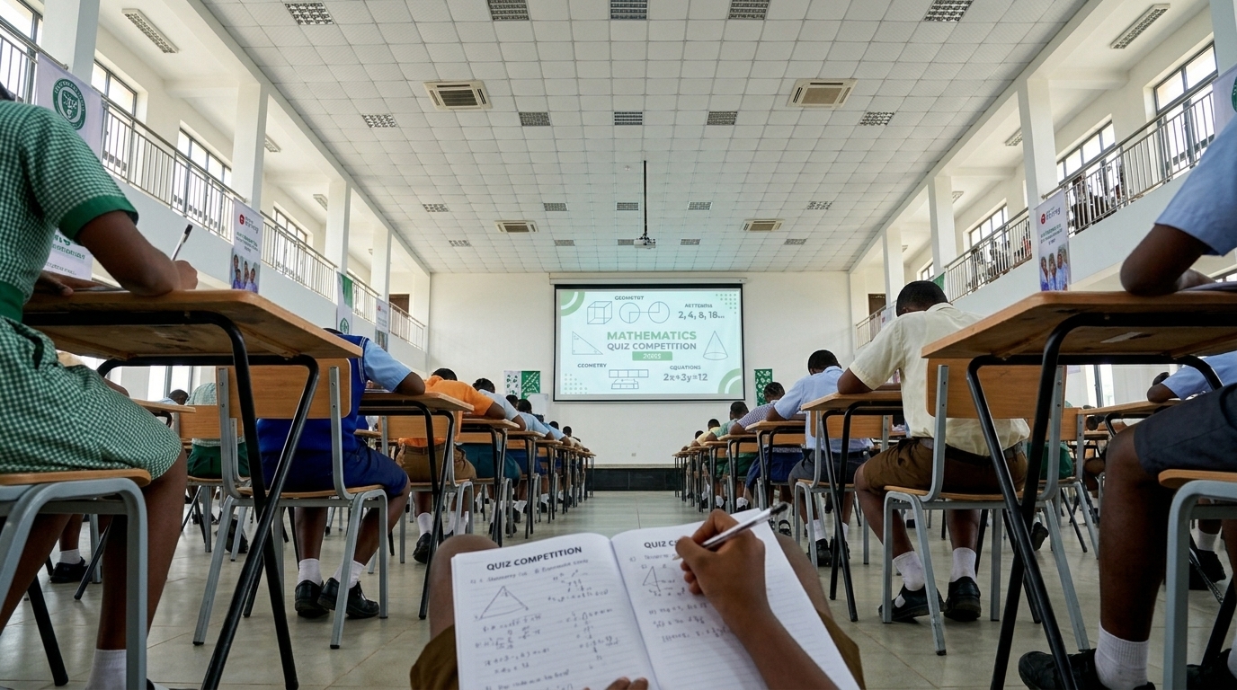 Nigerian students confidently solving mathematics problems during a school quiz competition.