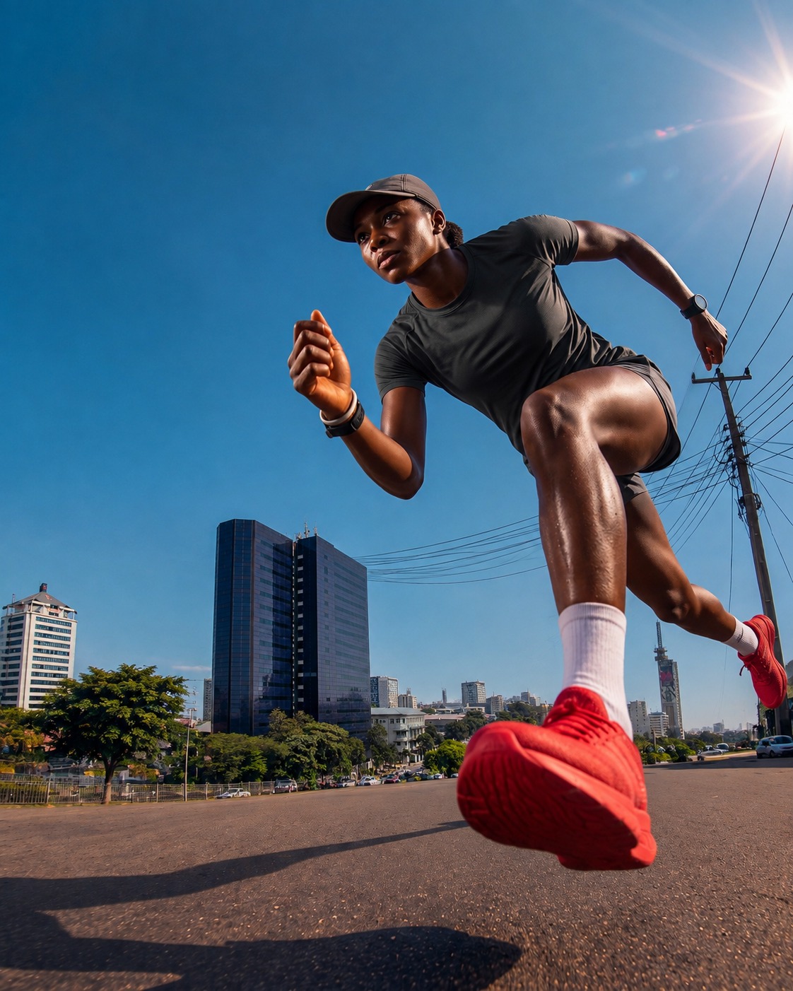 A Nigerian athlete sprinting confidently through a city.