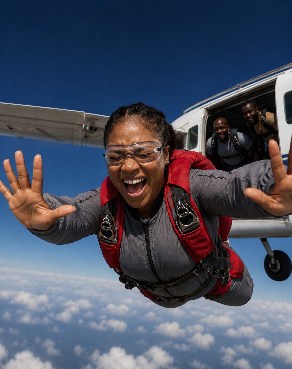 A Nigerian woman skydiving with confidence.
