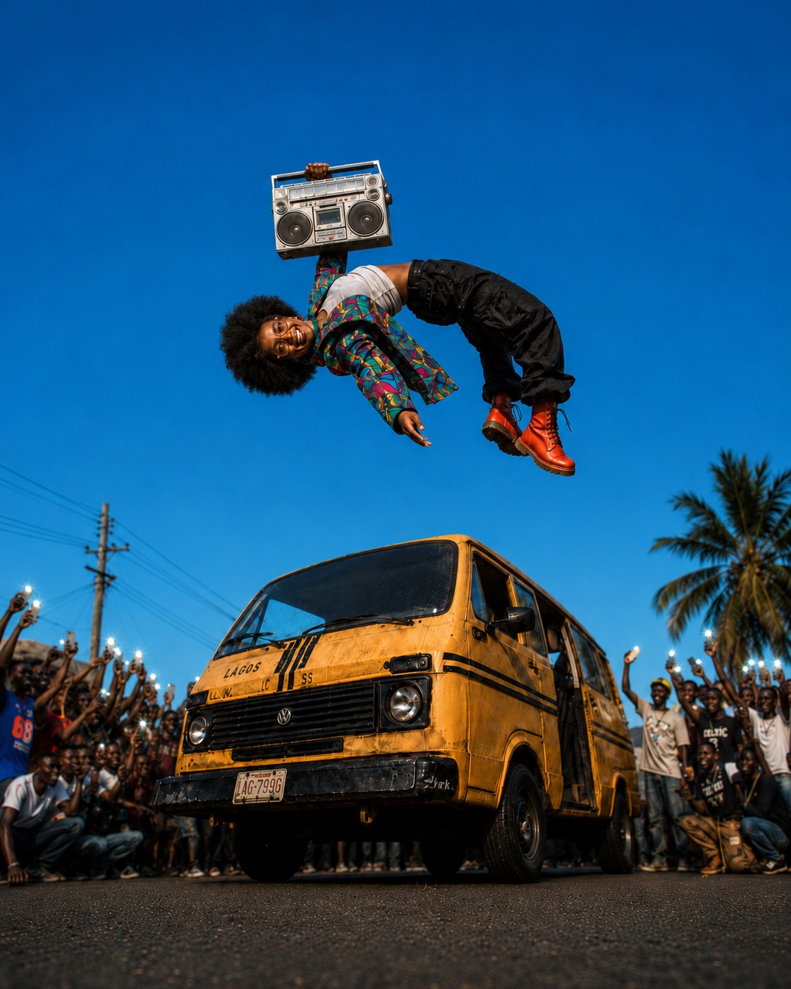 A Nigerian creative performing above a Lagos bus.