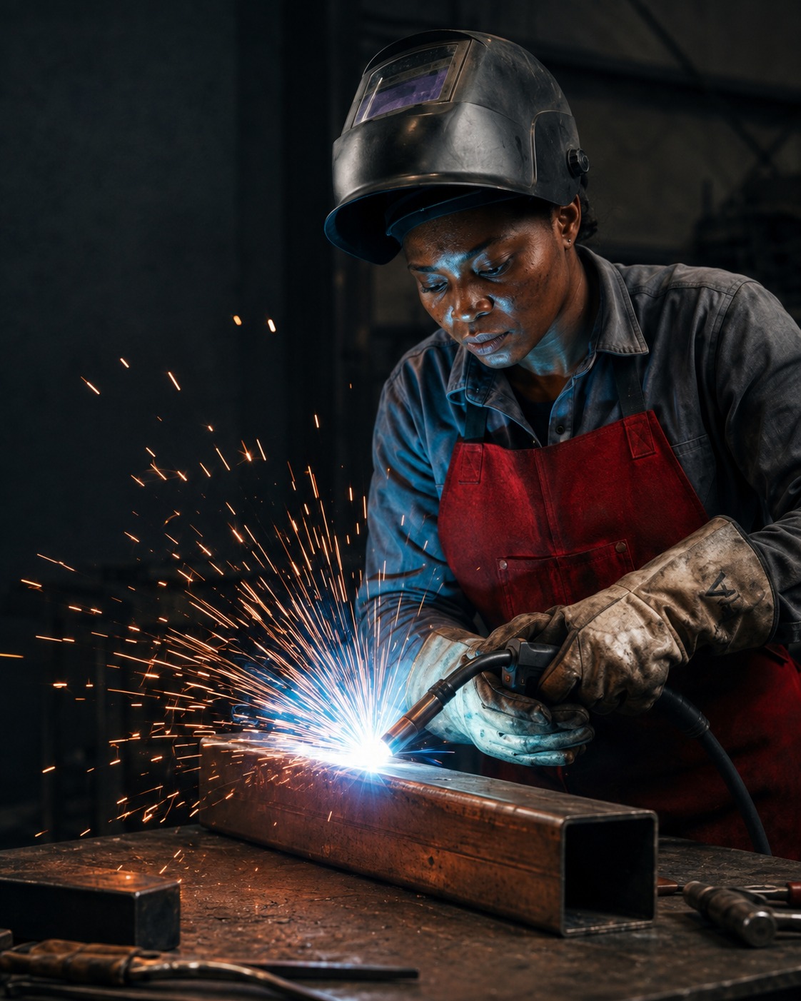 A Nigerian welder building with focus and skill.