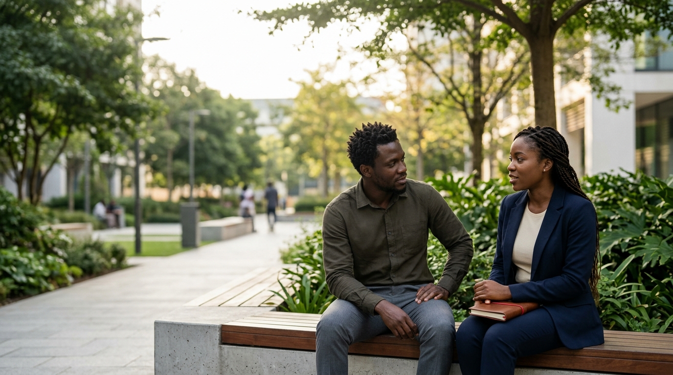 Two young Nigerian adults having a supportive conversation, representing the importance of listening and staying connected for suicide prevention.