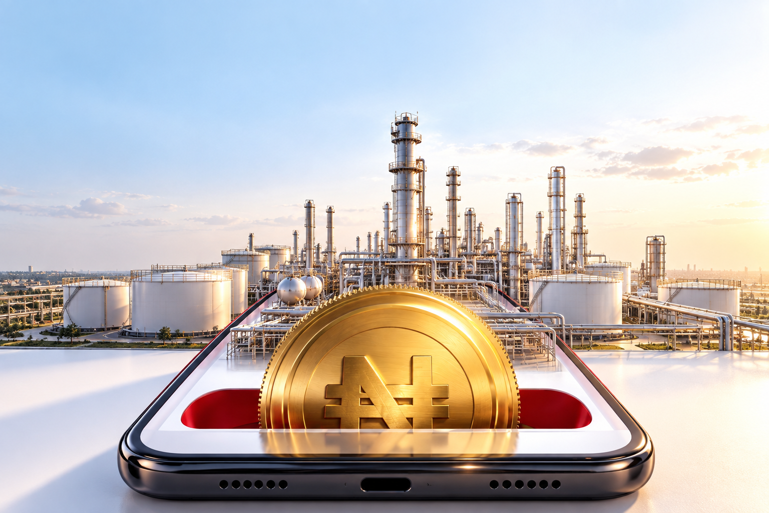Gold Nigerian Naira coin emerging from a smartphone platform with a large modern oil refinery in the background, representing investment in the Dangote Refinery IPO.
