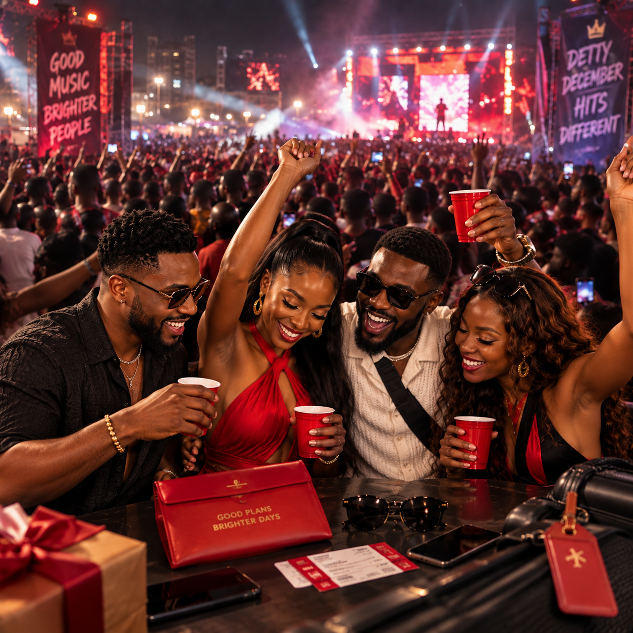 Four young Nigerian friends enjoying a lively Detty December concert, smiling and celebrating together in front of a packed crowd and vibrant stage lights.