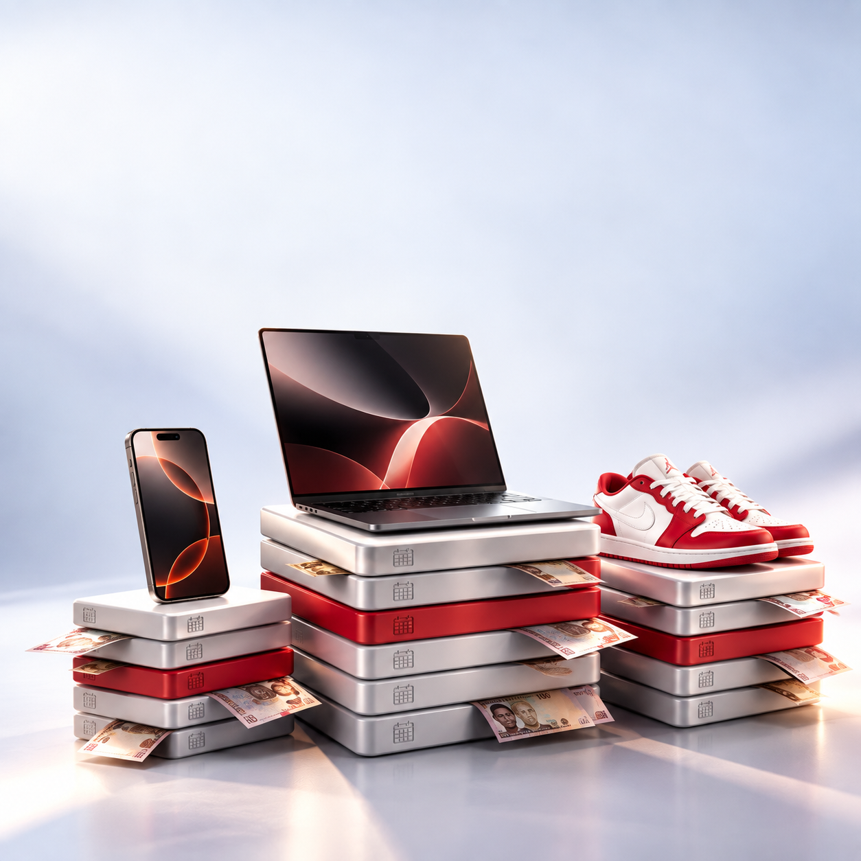 Smartphone, laptop and sneakers displayed on stacked payment layers, representing how multiple Buy Now, Pay Later instalments can add up over time.