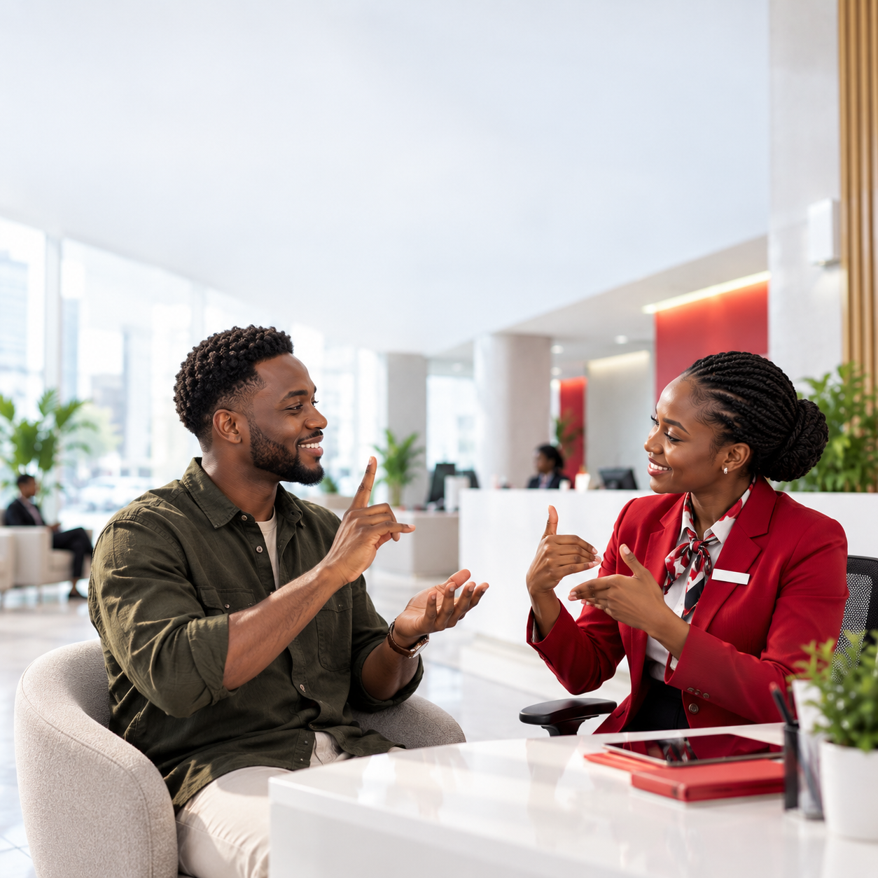 Two young Nigerian adults communicating using sign language in a modern service environment, representing accessible communication and inclusion.