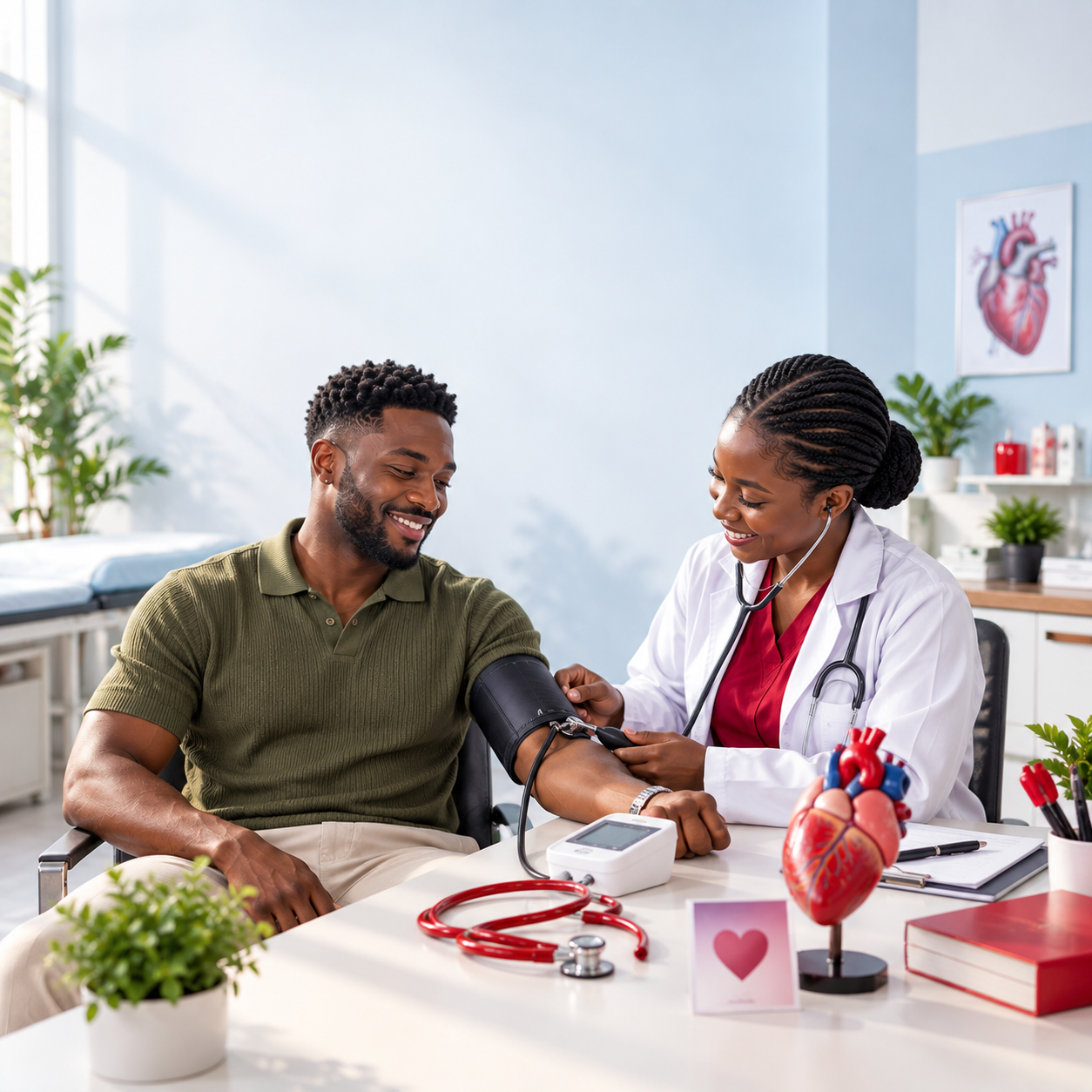 Young Nigerian adult having a routine blood pressure check with a healthcare professional, representing preventive heart health and World Heart Day.
