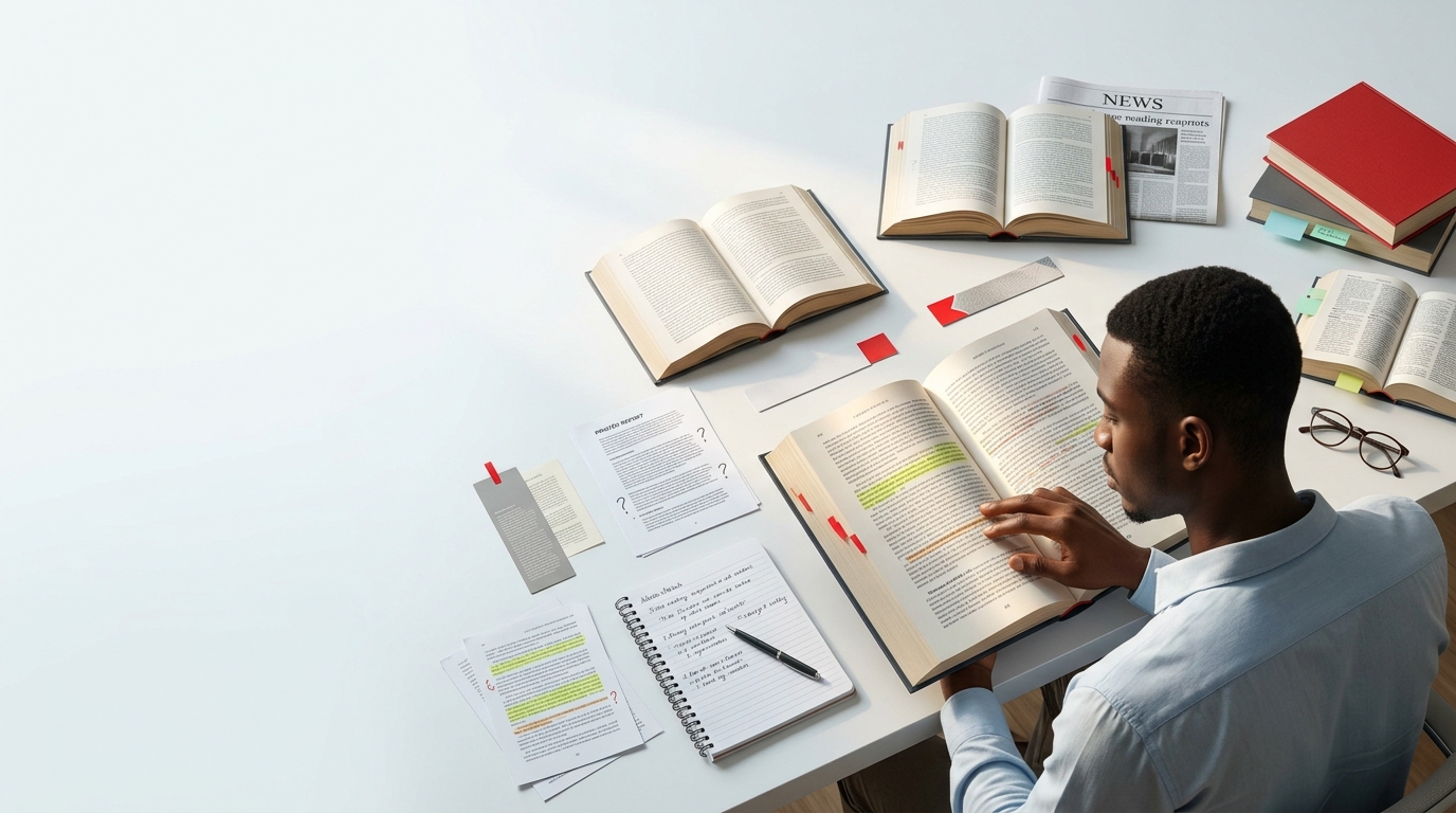 Young Nigerian reader studying an open book surrounded by books, notes and printed materials, representing literacy as understanding and critical thinking.