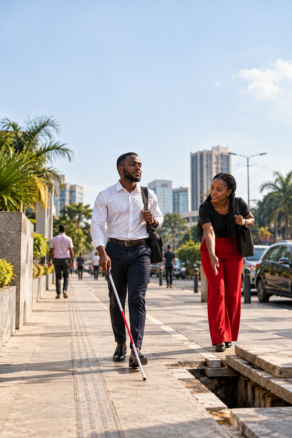 Visually impaired Nigerian professional navigating a Lagos walkway with a white cane while another pedestrian points out an uncovered drainage ahead.