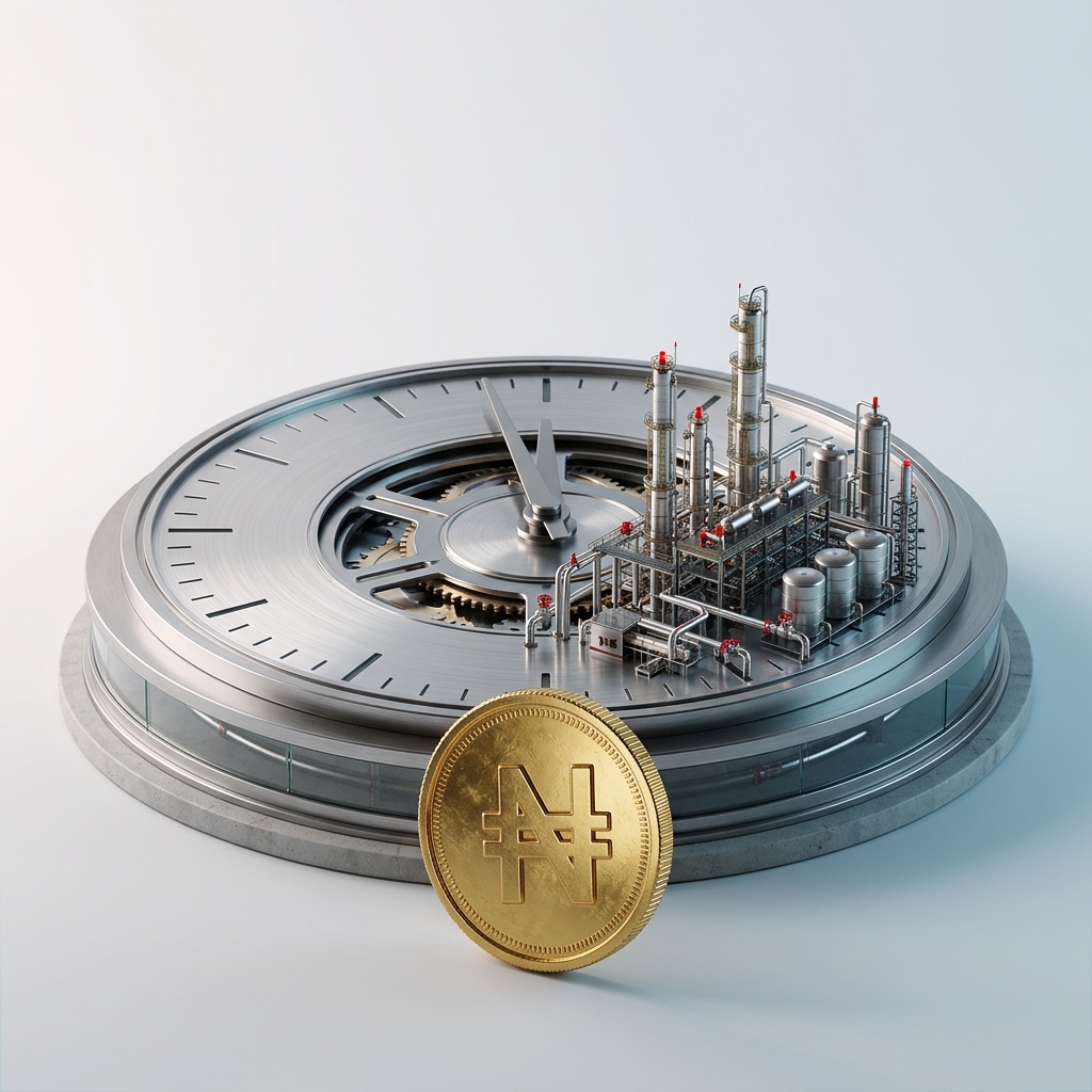Miniature petroleum refinery rising from a large mechanical clock beside a gold Naira coin, representing the approaching deadline for the Dangote Refinery share offer.