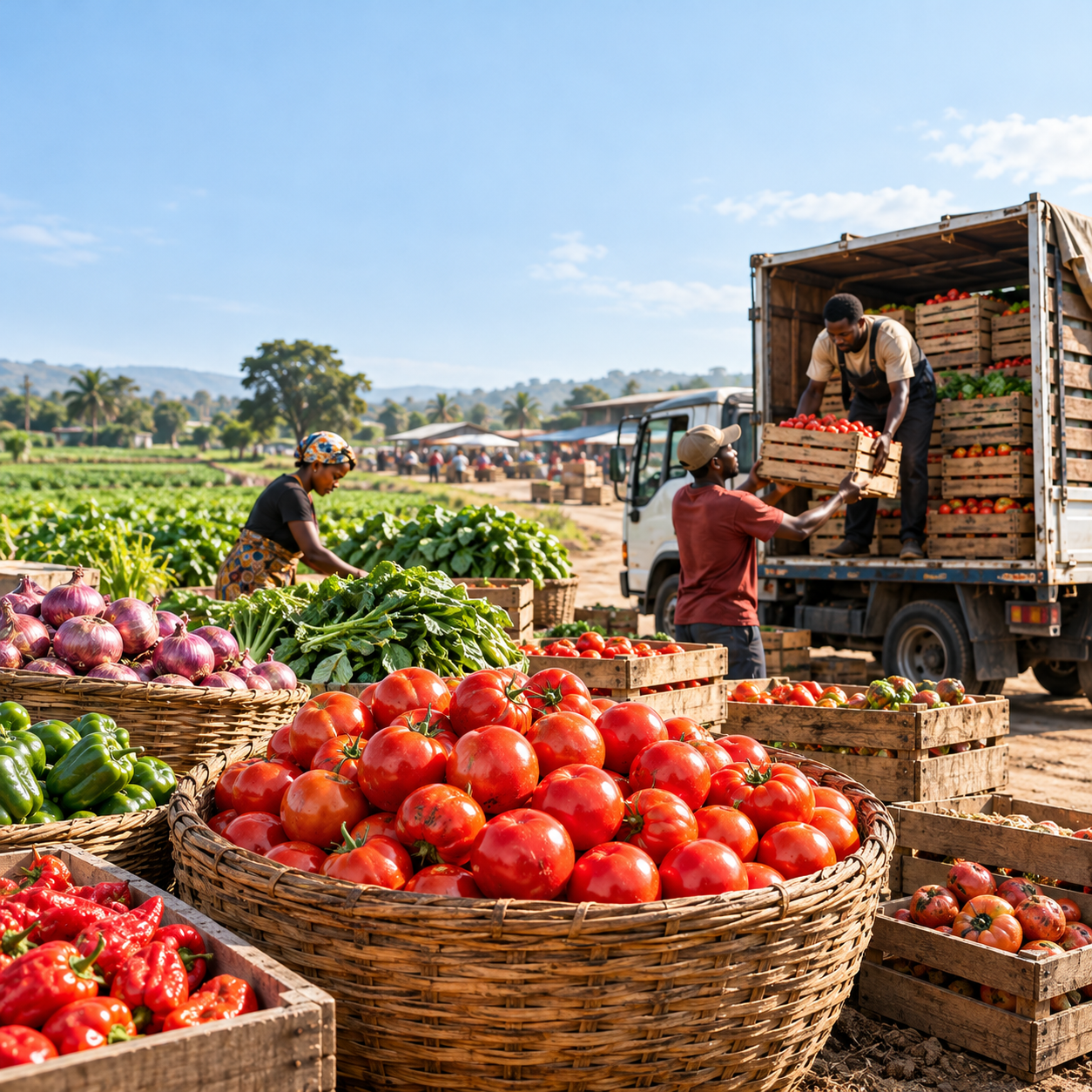 Fresh tomatoes, peppers and vegetables arranged in market baskets as Nigerian agricultural workers unload produce from a delivery truck, illustrating the journey from farm to market.