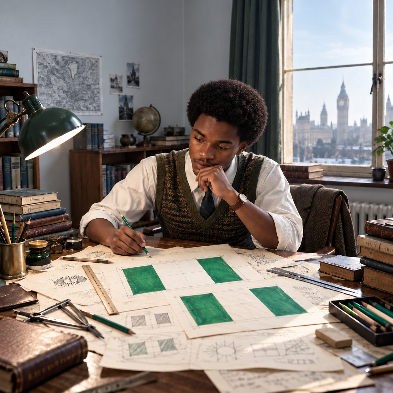 Young Nigerian designer working on green-and-white flag sketches at a desk.