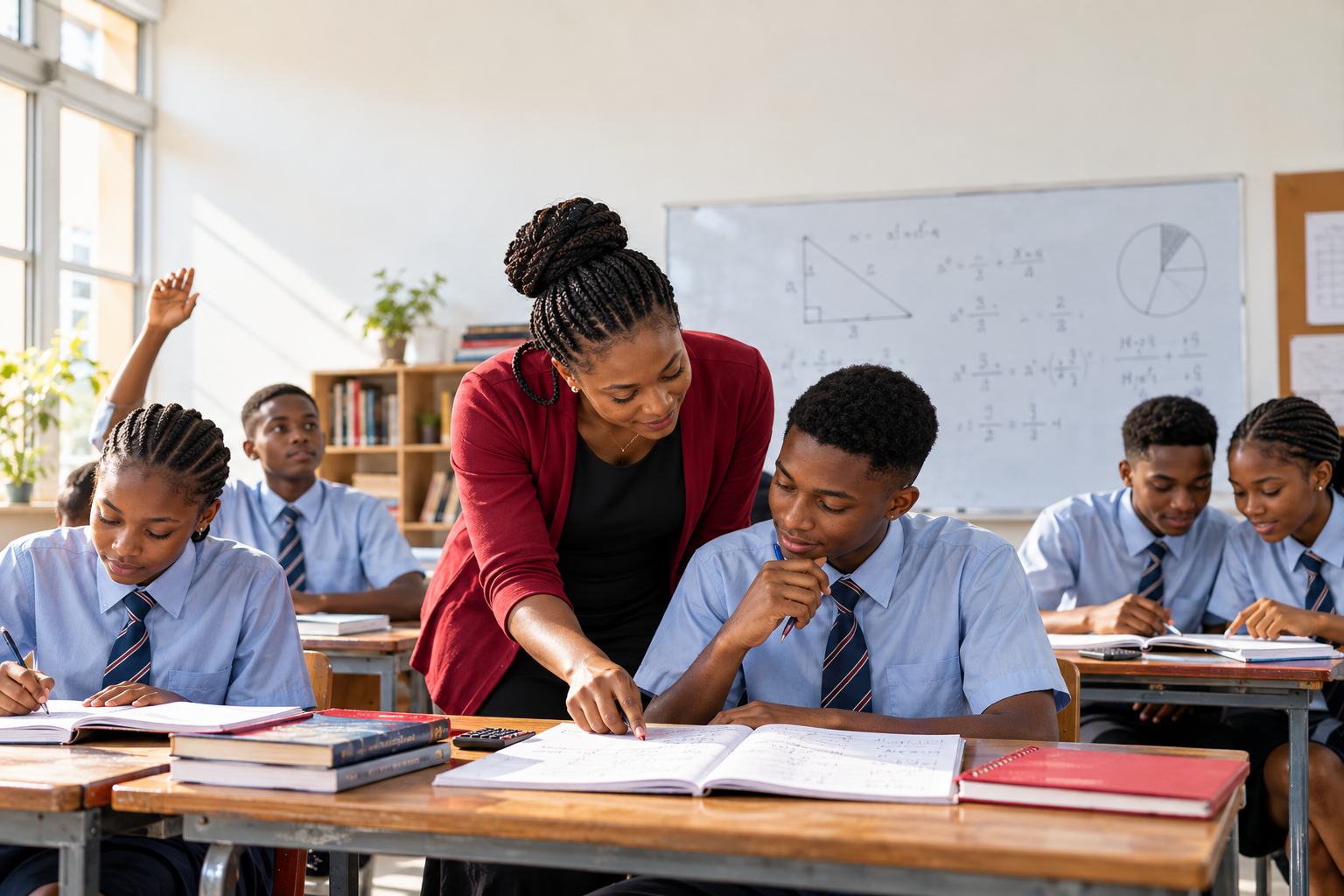 Nigerian teacher helping secondary-school students with a classroom lesson, representing the role teachers play in learning, confidence and development.