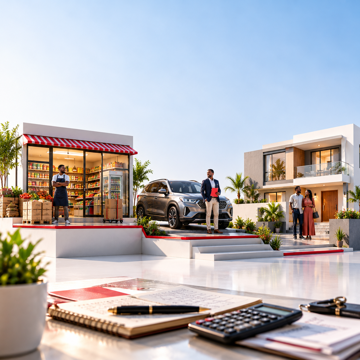 Miniature Nigerian business, modern SUV and residential home arranged on a connected platform, representing financing options for business growth, vehicle ownership and home acquisition.