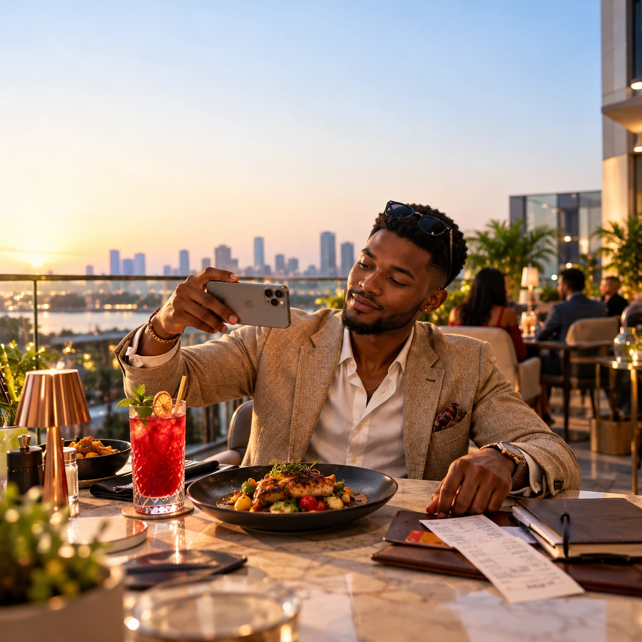 Stylish Nigerian man photographing an expensive restaurant meal while shopping receipts and a bill sit nearby, illustrating the difference between looking wealthy and financial security.